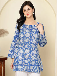 Cobalt Blue Floral Printed  A-Line Pure Cotton Short Kurti