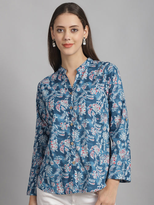 Blue Floral Printed Pure Cotton Top