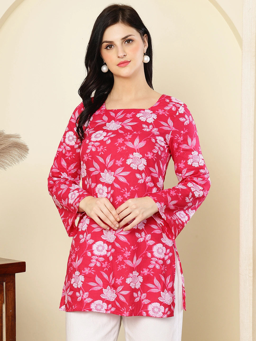 Pink Floral Printed  A-Line Pure Cotton Short Kurti
