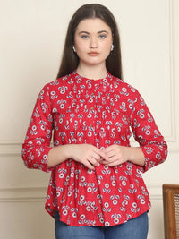 Frempy Women Red Floral Printed Pure Cotton Top