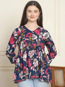 Frempy Women Navy & Pink Floral Pure Cotton Tops