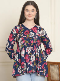 Frempy Women Navy & Pink Floral Pure Cotton Tops