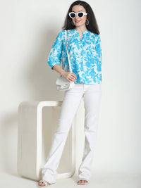Frempy Women Blue Floral Printed Pure Cotton Top
