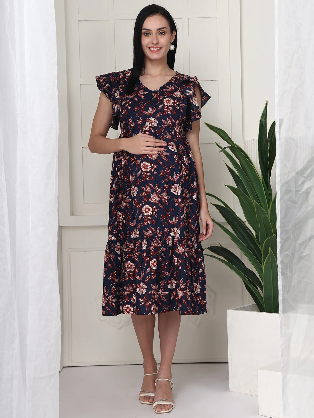 Frempy Women Fit and Flare Navy & Brown Floral Printed Midi Dress