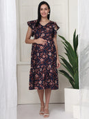 Frempy Women Fit and Flare Navy & Brown Floral Printed Midi Dress