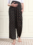 Frempy Bottle Green Floral Motif Pure Cotton Maternity Trousers