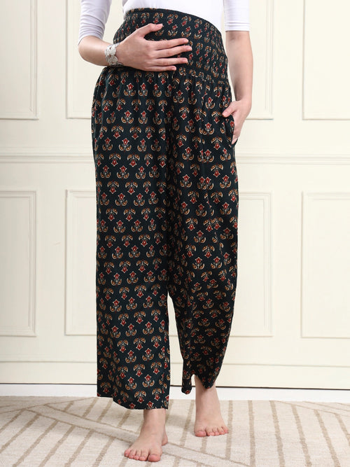 Frempy Bottle Green Floral Motif Pure Cotton Maternity Trousers