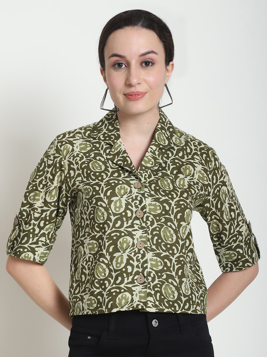 Olive Floral Pure Cotton Short Top