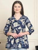 Frempy Women Navy Blue Floral Pure Cotton Tops
