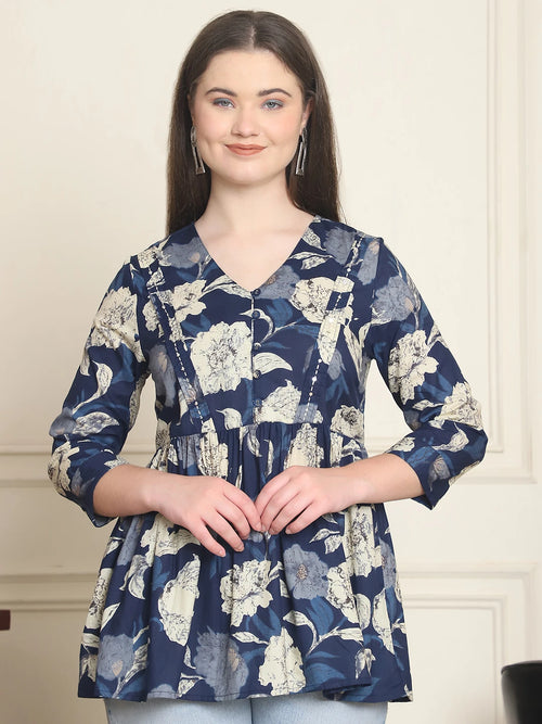 Frempy Women Navy Blue Floral Pure Cotton Tops