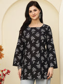 Black Leaf Printed  Lace-Up Back Pure Cotton Short Kurti