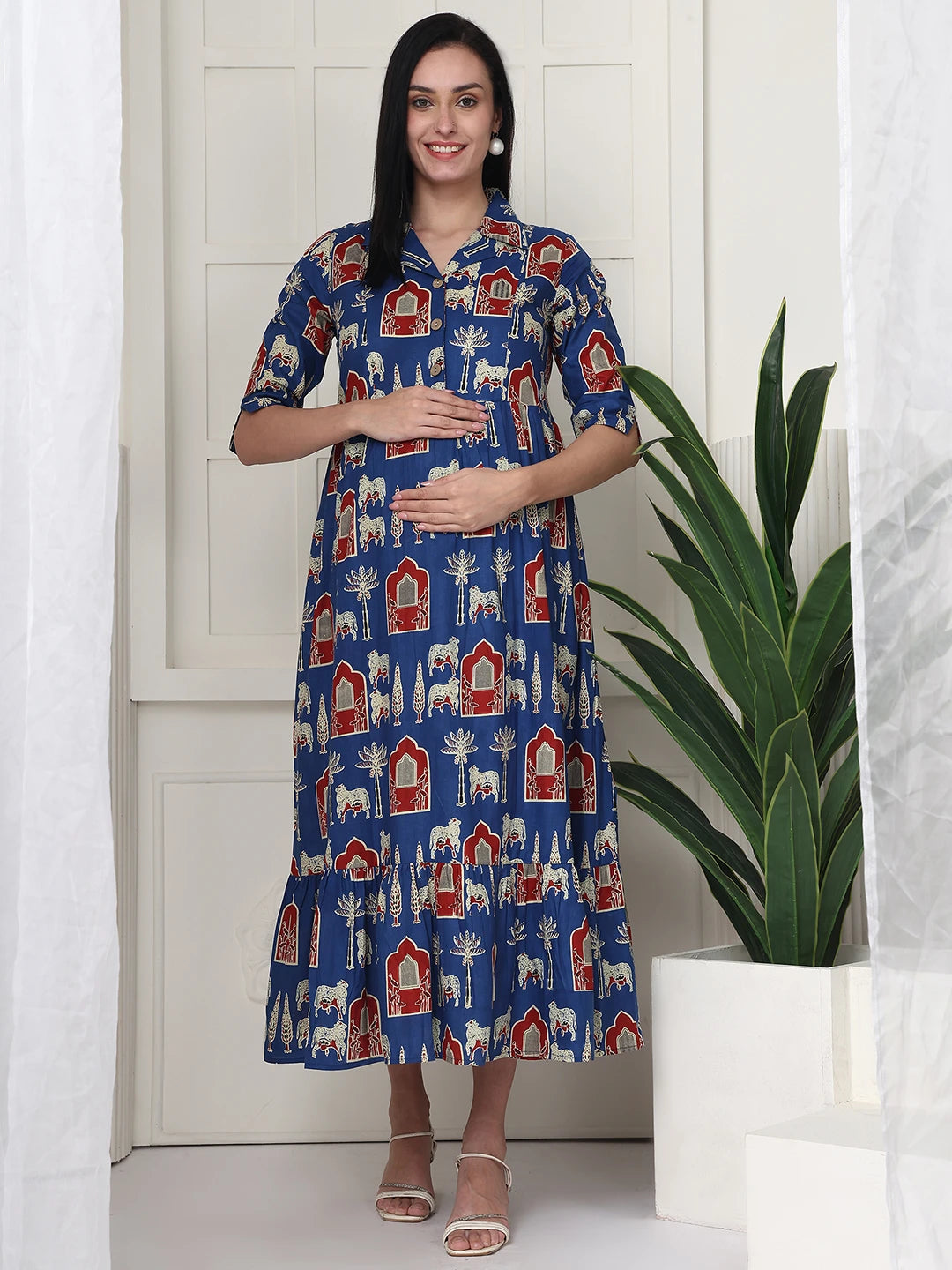 Frempy Women Fit and Flare Blue Printed Maxi/Full Length Maternity Dress
