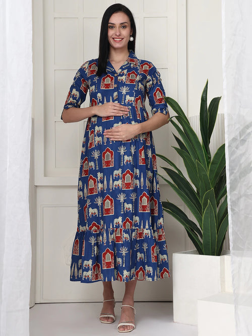 Frempy Women Fit and Flare Blue Printed Maxi/Full Length Maternity Dress