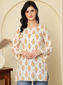 Ivory Ethnic Motifs Printed Lace-Up Back Pure Cotton Short Kurti