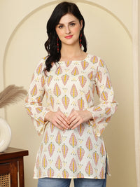 Ivory Ethnic Motifs Printed Lace-Up Back Pure Cotton Short Kurti