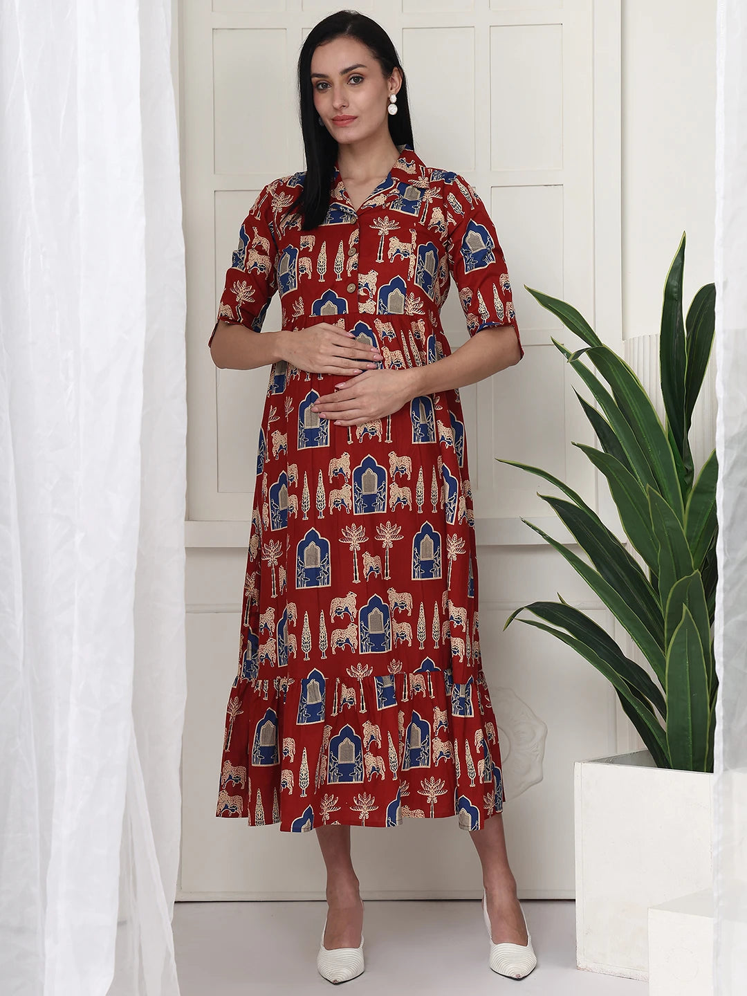 Frempy Women Fit and Flare Maroon Printed Maxi/Full Length Maternity Dress