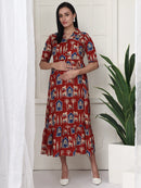 Frempy Women Fit and Flare Maroon Printed Maxi/Full Length Maternity Dress