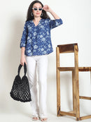 Frempy Women Navy Blue Floral Printed Pure Cotton Top