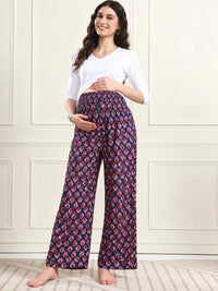 Frempy Black Floral Motif Print Smocked Waist Pure Cotton Maternity Trousers