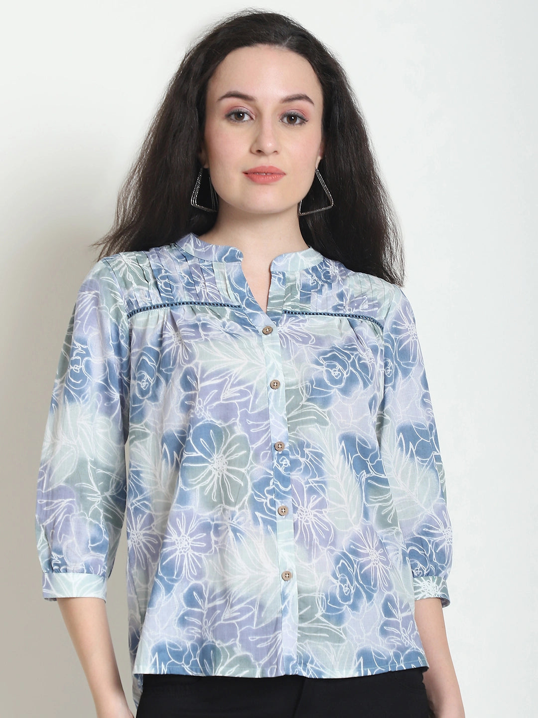 Frempy Women Blue Floral Printed Pure Cotton Top