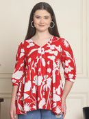 Frempy Women Red Abstract Printed Pure Cotton Top