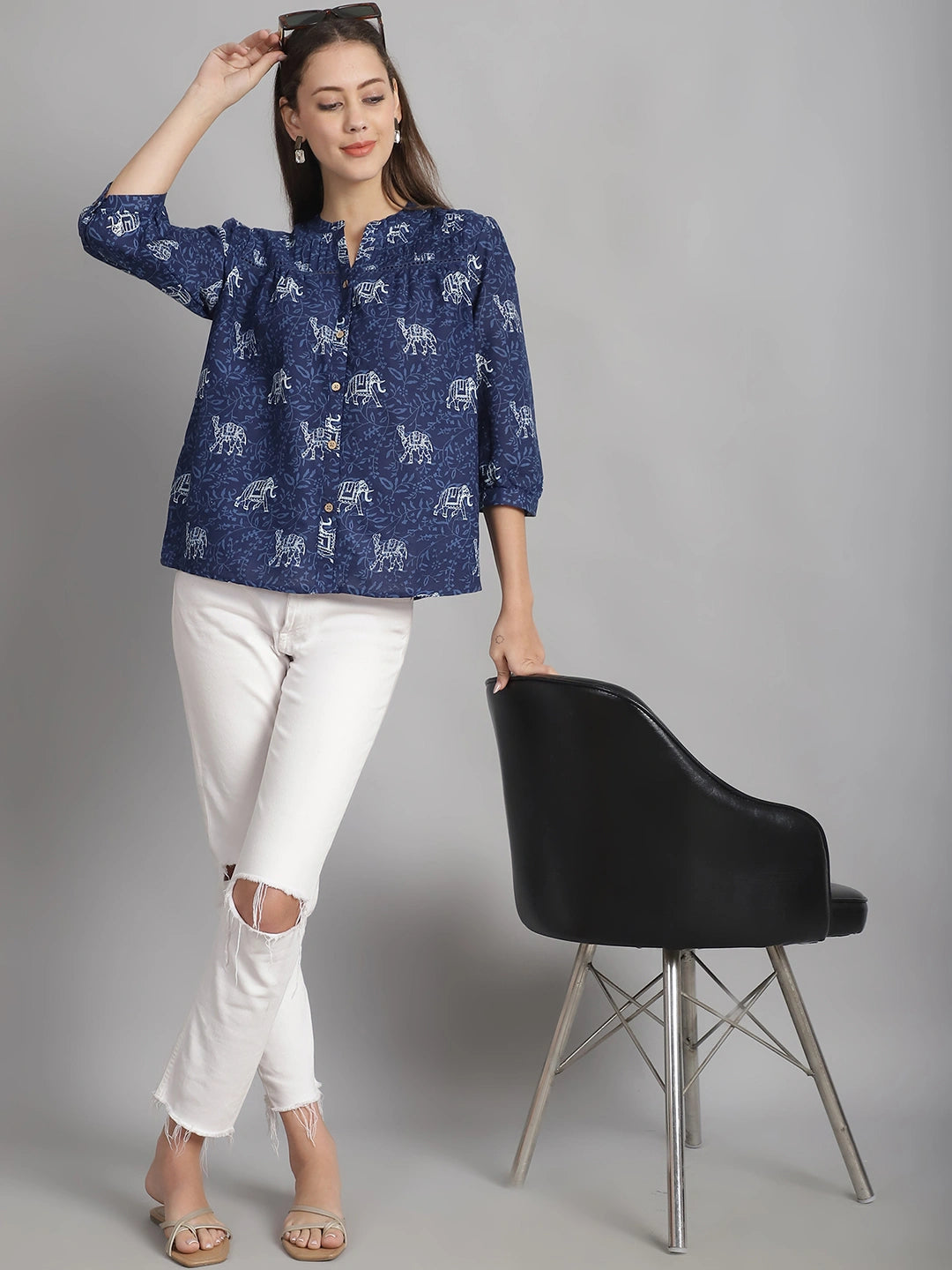 Frempy Women Navy Blue Animal Printed Pure Cotton Top