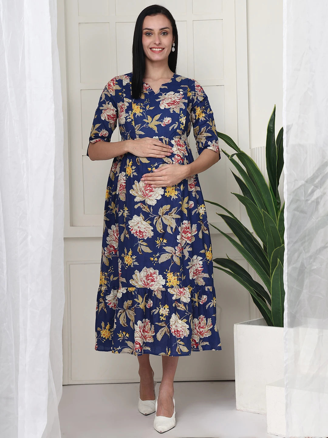 Frempy Women Navy Blue Floral Printed  Maternity Dress