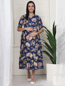 Frempy Women Navy Blue Floral Printed  Maternity Dress