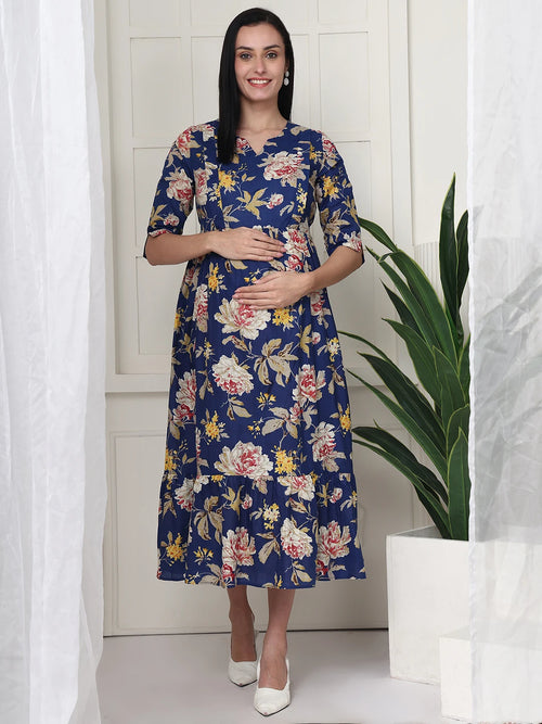 Frempy Women Navy Blue Floral Printed  Maternity Dress