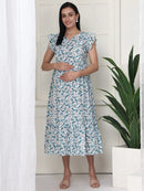 Frempy Women Teal Floral Printed Knee Length Maternity Dress