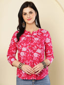 Pink Floral Buttoned Mandarin Collar Cotton Top