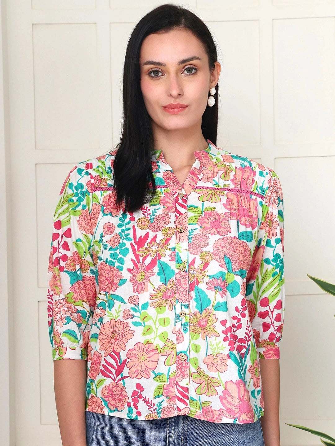 Frempy Women Multicoloured Floral Pure Cotton Top
