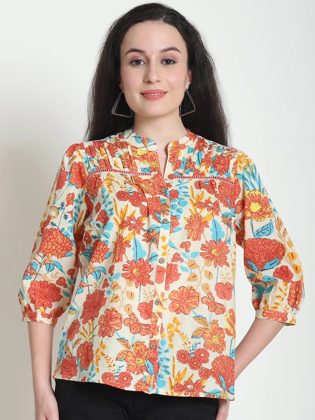 Frempy Women Blue Floral Printed Pure Cotton Top
