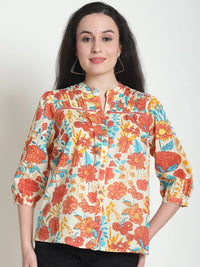 Frempy Women Blue Floral Printed Pure Cotton Top