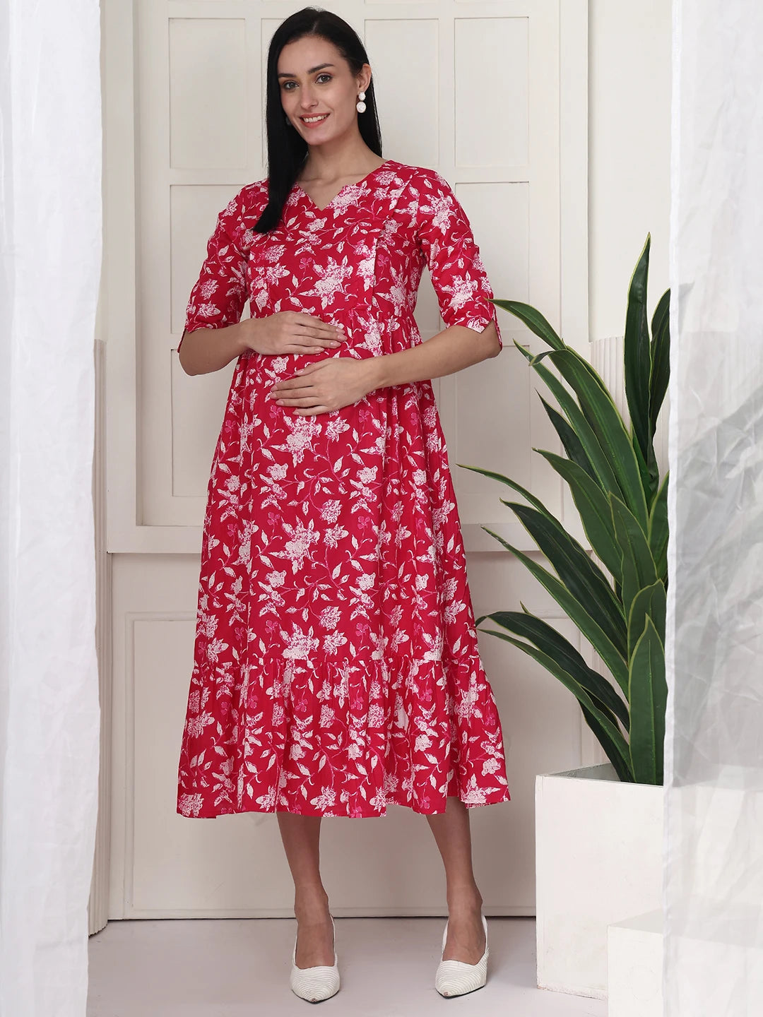 Frempy Women Pink Floral Printed  Maternity Dress