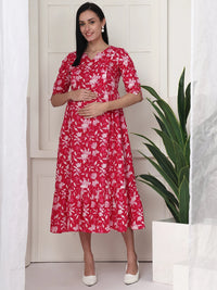 Frempy Women Pink Floral Printed  Maternity Dress