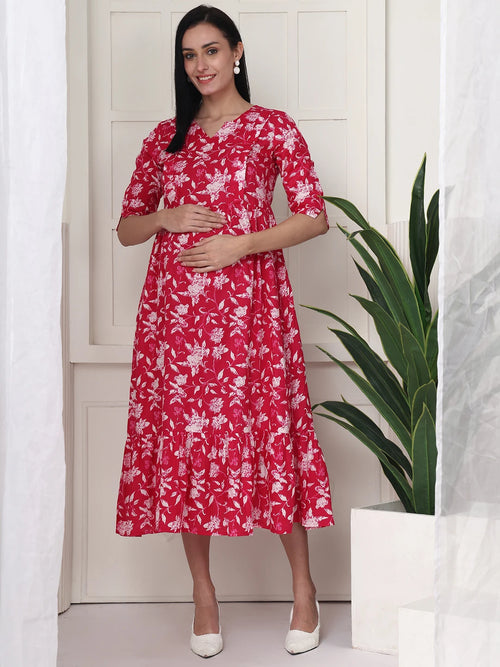 Frempy Women Pink Floral Printed  Maternity Dress