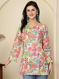 White Floral Printed  A-Line Pure Cotton Short Kurti