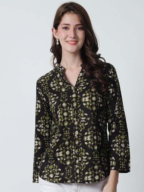 Brown Floral Printed Mandarin Collar Pure Cotton Top