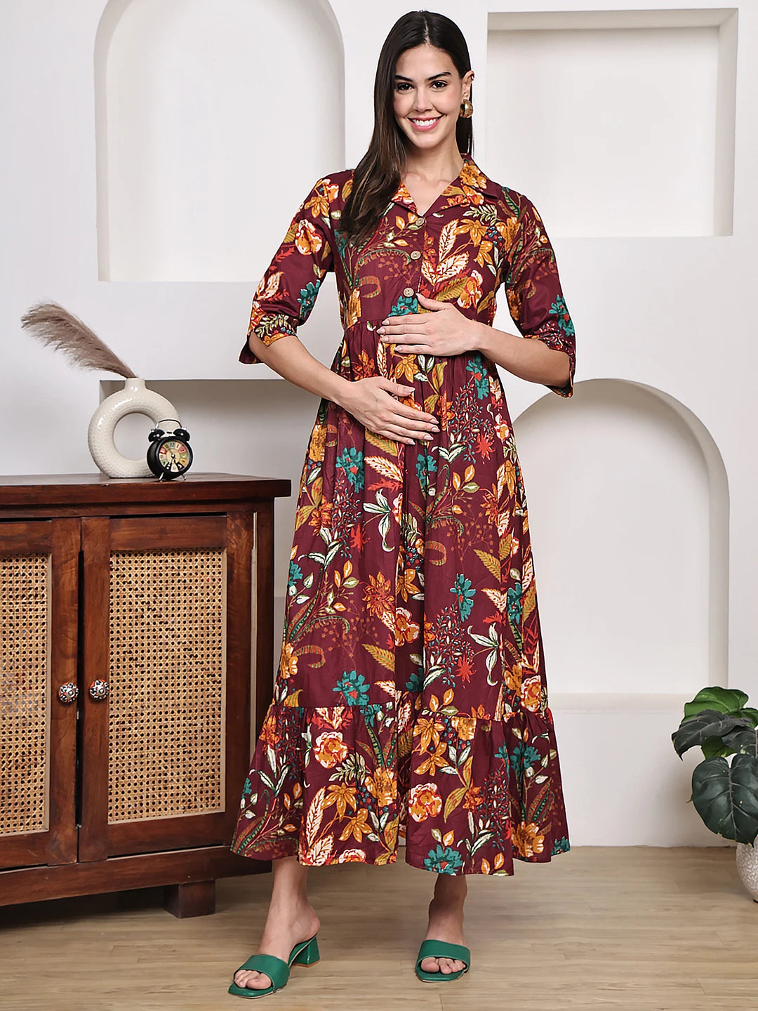 Frempy Women Fit and Flare Maroon Floral Printed Maxi/Full Length Dress