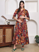 Frempy Women Fit and Flare Maroon Floral Printed Maxi/Full Length Dress