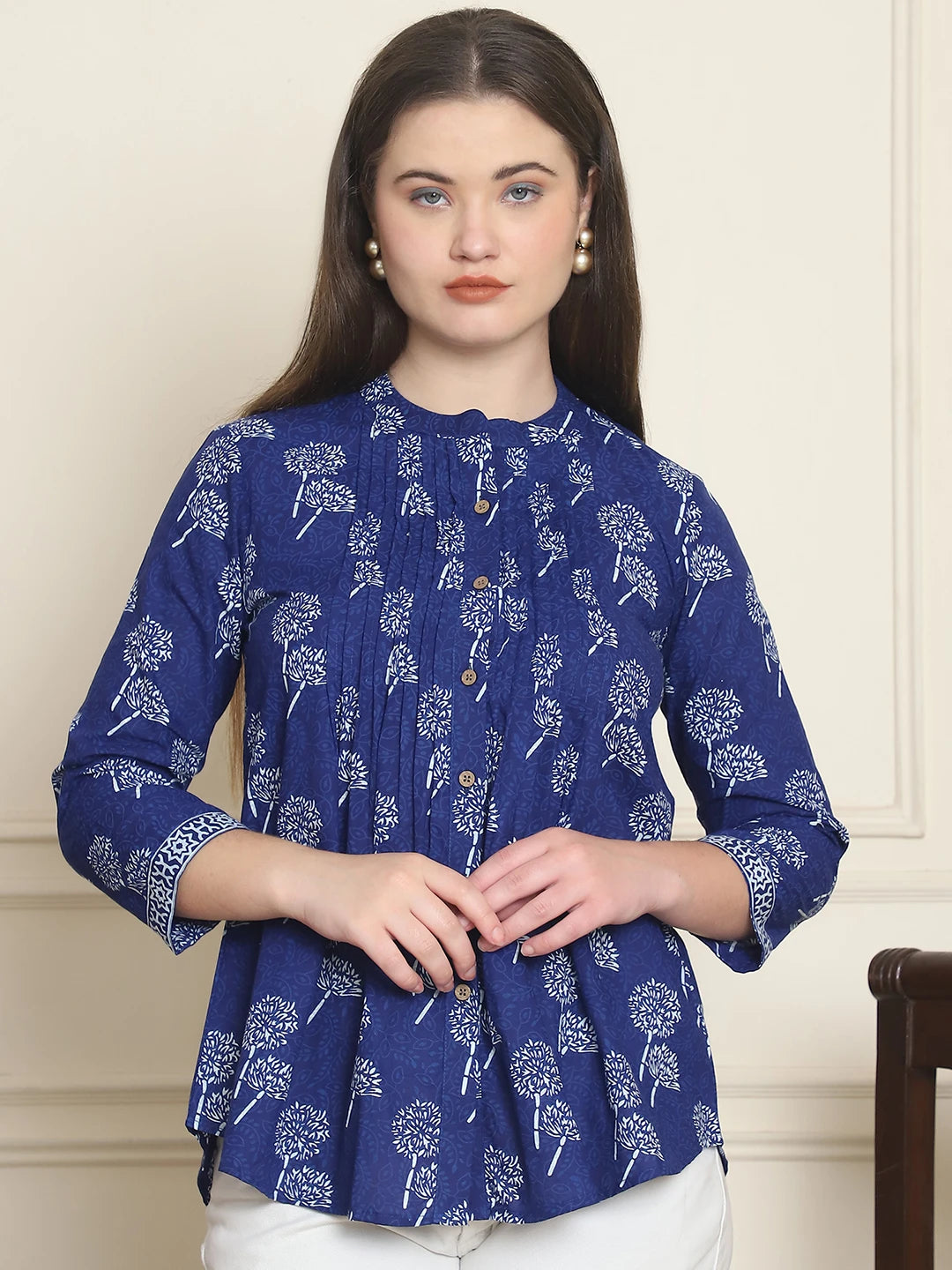 Frempy Women Blue Floral Printed Pure Cotton Top