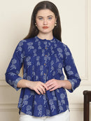 Frempy Women Blue Floral Printed Pure Cotton Top