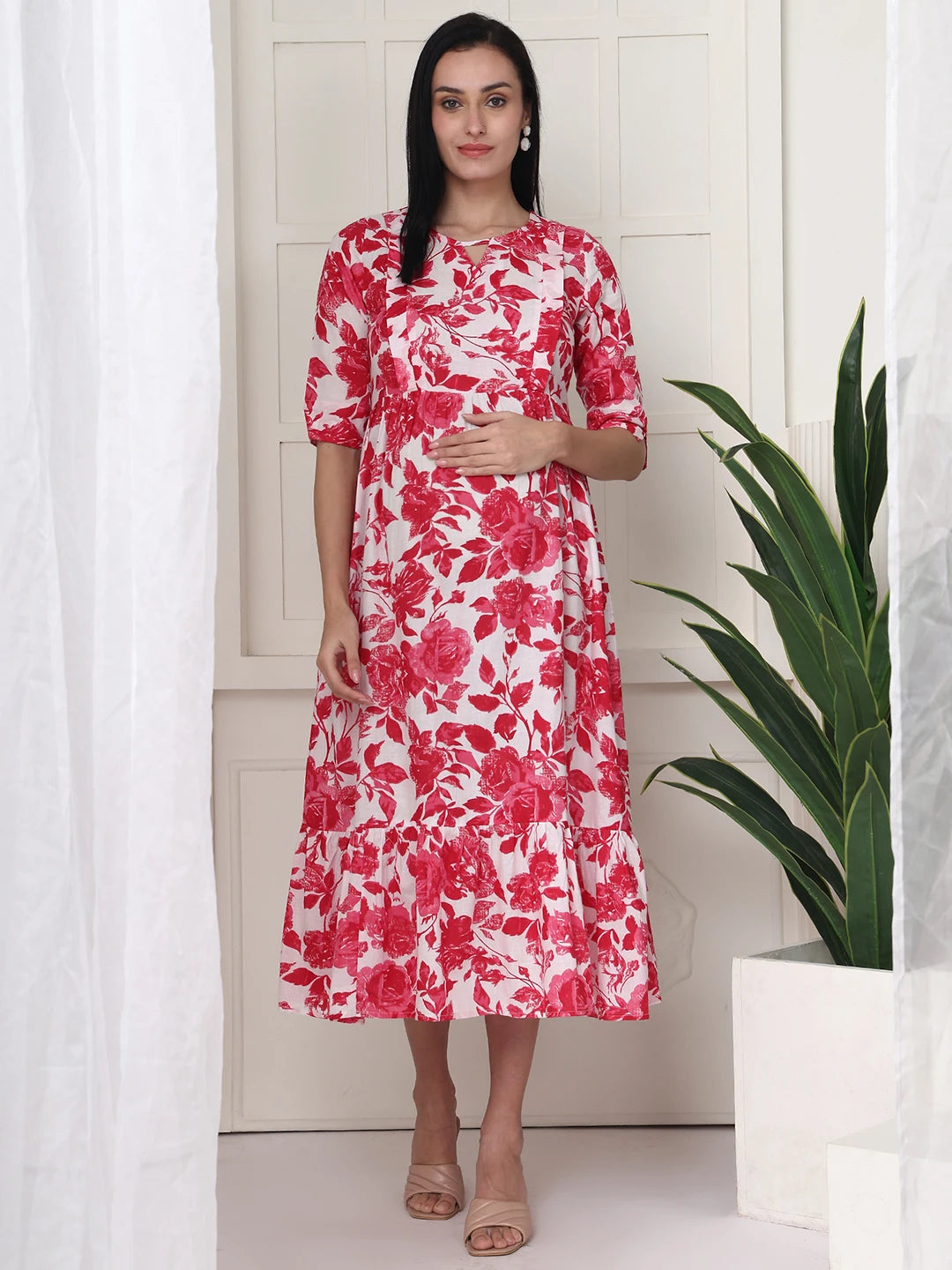 Frempy Women Pink Floral Printed Maternity Dress