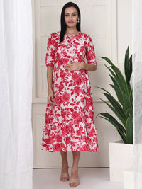 Frempy Women Pink Floral Printed Maternity Dress