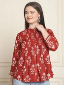 Frempy Women Maroon Motifs Printed Pure Cotton Top