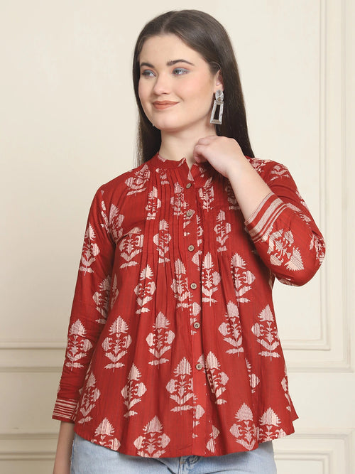 Frempy Women Maroon Motifs Printed Pure Cotton Top