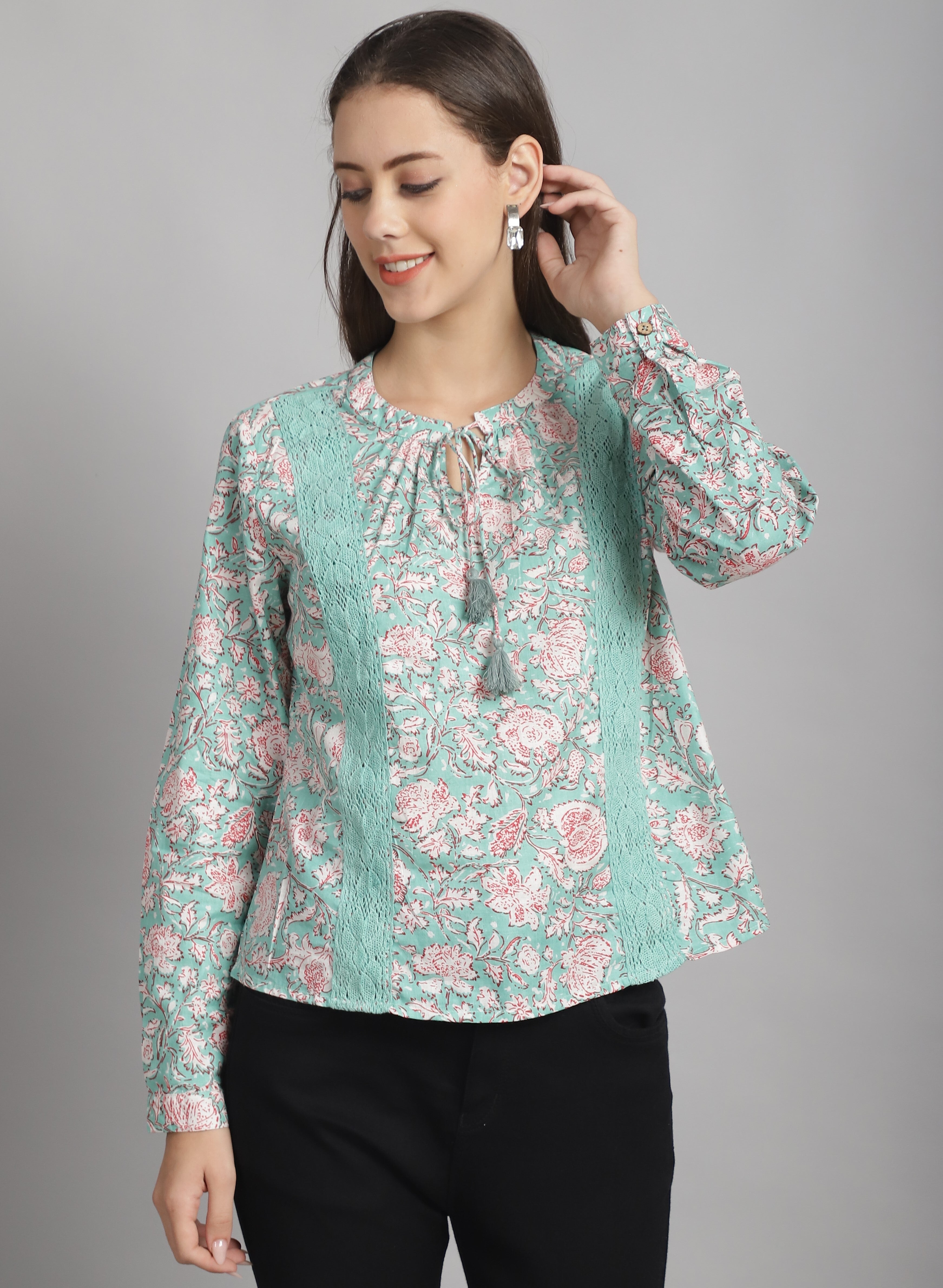 Sea Green Floral Printed Floral Pure Cotton Top