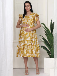 Frempy Women Yellow Floral Printed Maternity Midi Dress