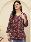 Maroon Floral Printed V-Neck Pure Cotton Short Kurti